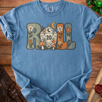 Blue t-shirt with "Roll" in retro font, featuring a D20 die and mushrooms.