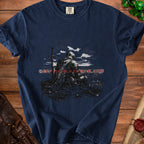Dark navy t-shirt with a knight and sword graphic. Text reads "Hell Hath Arrived".