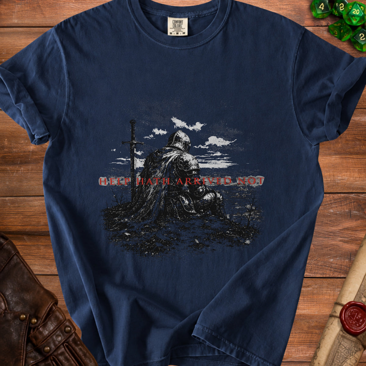 Dark navy t-shirt with a knight and sword graphic. Text reads "Hell Hath Arrived".