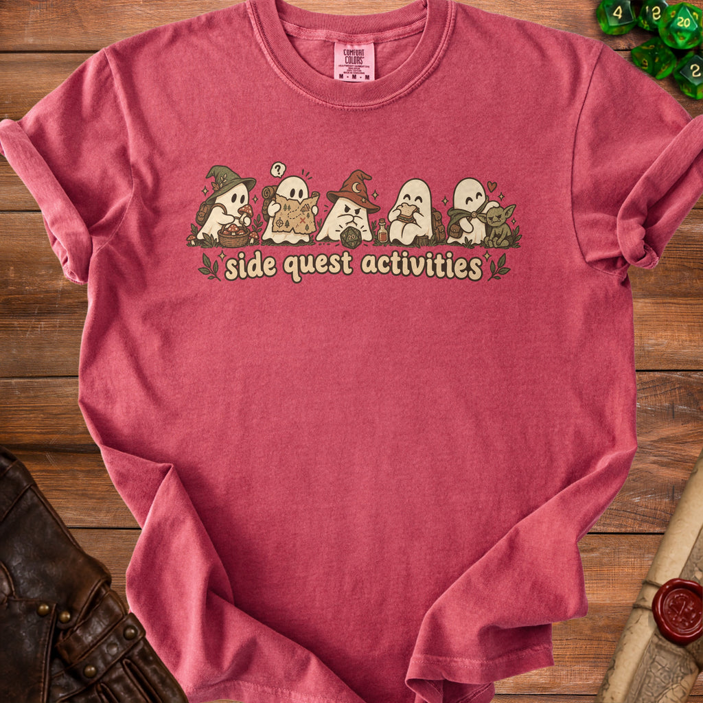 T-shirt with ghosts holding a map, dice, and sandwiches, reading "side quest activities".
