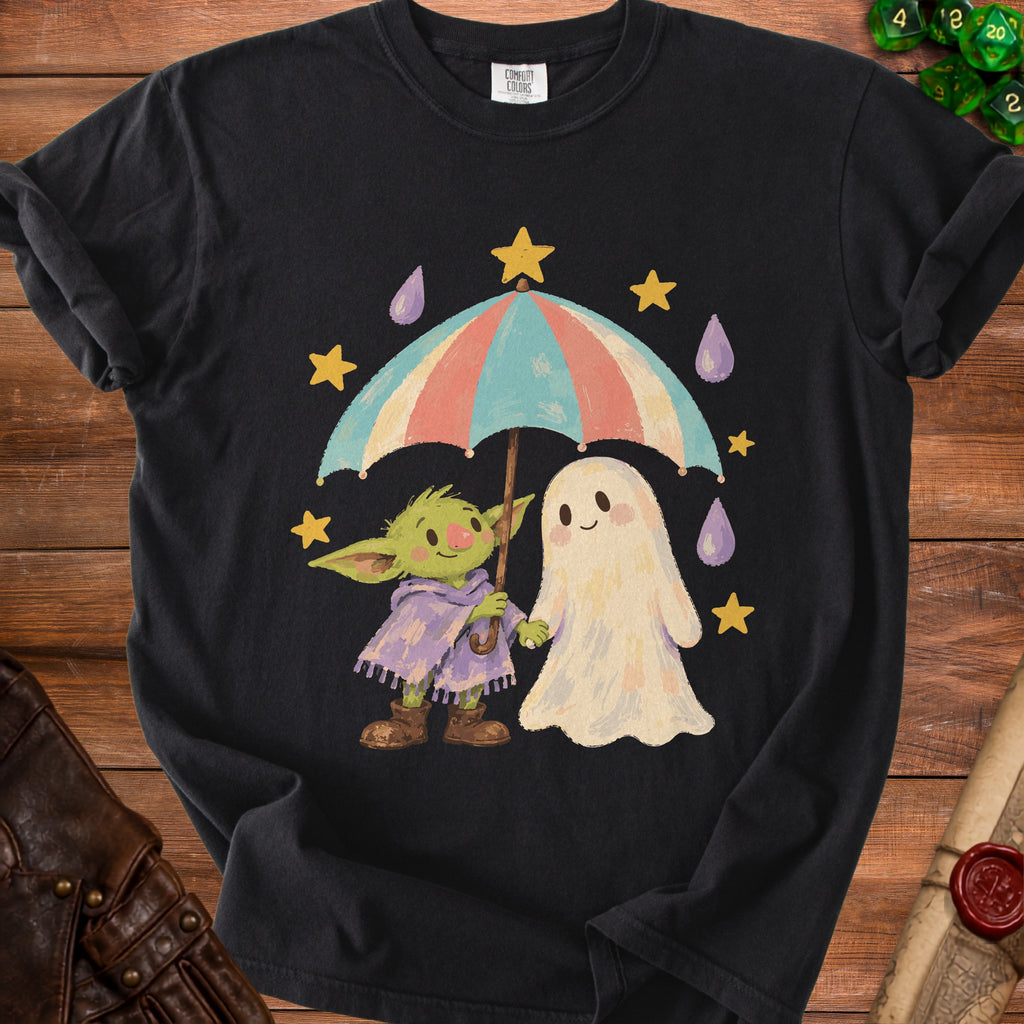 Cute green creature and ghost holding umbrella with stars and raindrops.