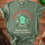 Green t-shirt with a drawing of a goblin and text "Reject Modernity Embrace Being A Silly Little Goblin".