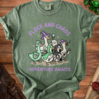Green t-shirt with cartoon geese in fantasy armor and "Flock and Chaos Adventure Awaits."