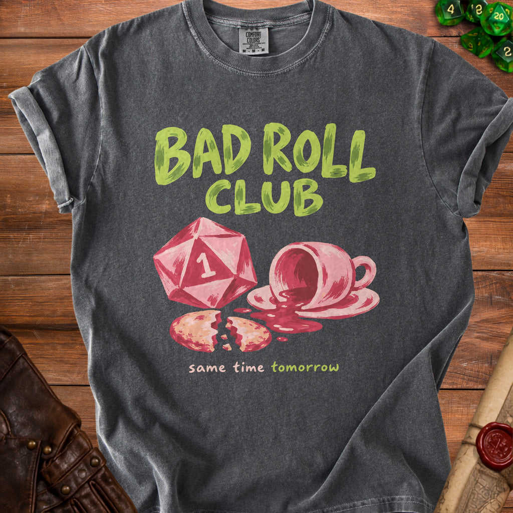 Charcoal t-shirt with "BAD ROLL CLUB" and spilled coffee, dice, and cookie.