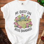 White t-shirt with a goblin graphic and the text "MY QUEST LOG NEEDS BOUNDARIES".