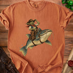 Goblin cowboy riding a catfish on a vintage-style t-shirt design.