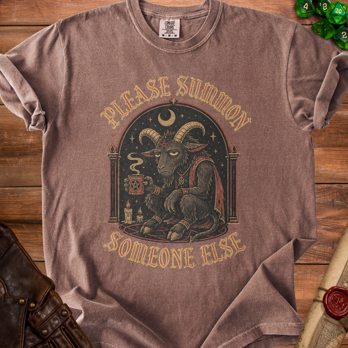 T-shirt with "Please Summon Someone Else" text and a goat-headed creature.