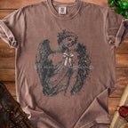 Brown t-shirt with distressed angel graphic and text "FINE. FLOURISHING. FALLING APART".