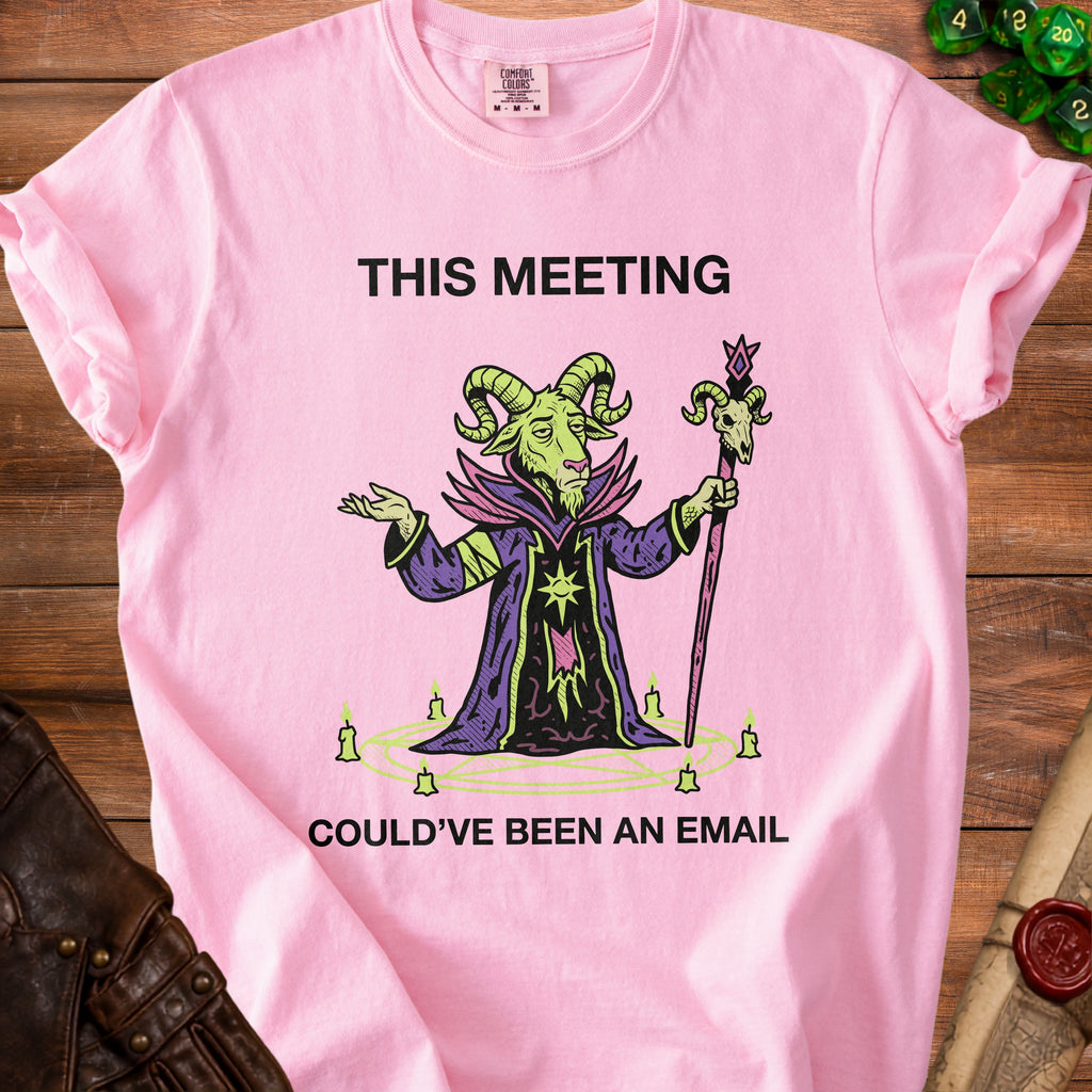 Pink t-shirt with a green goat in a wizard robe saying "THIS MEETING COULD'VE BEEN AN EMAIL".