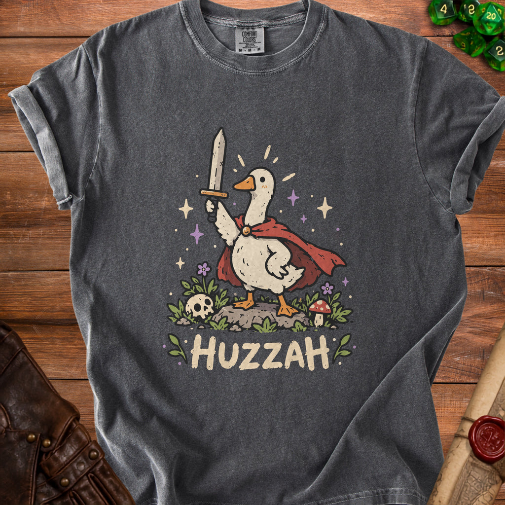 Graphic t-shirt with a goose holding a sword and the word "HUZZAH".