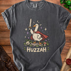Graphic t-shirt with a goose holding a sword and the word "HUZZAH".