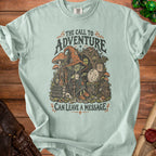 T-shirt graphic of a goblin with a hat, mushrooms, and the text "The Call to Adventure Can Leave a Message".