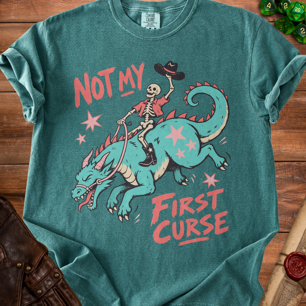 Skeleton riding a dragon with text "NOT MY FIRST CURSE".