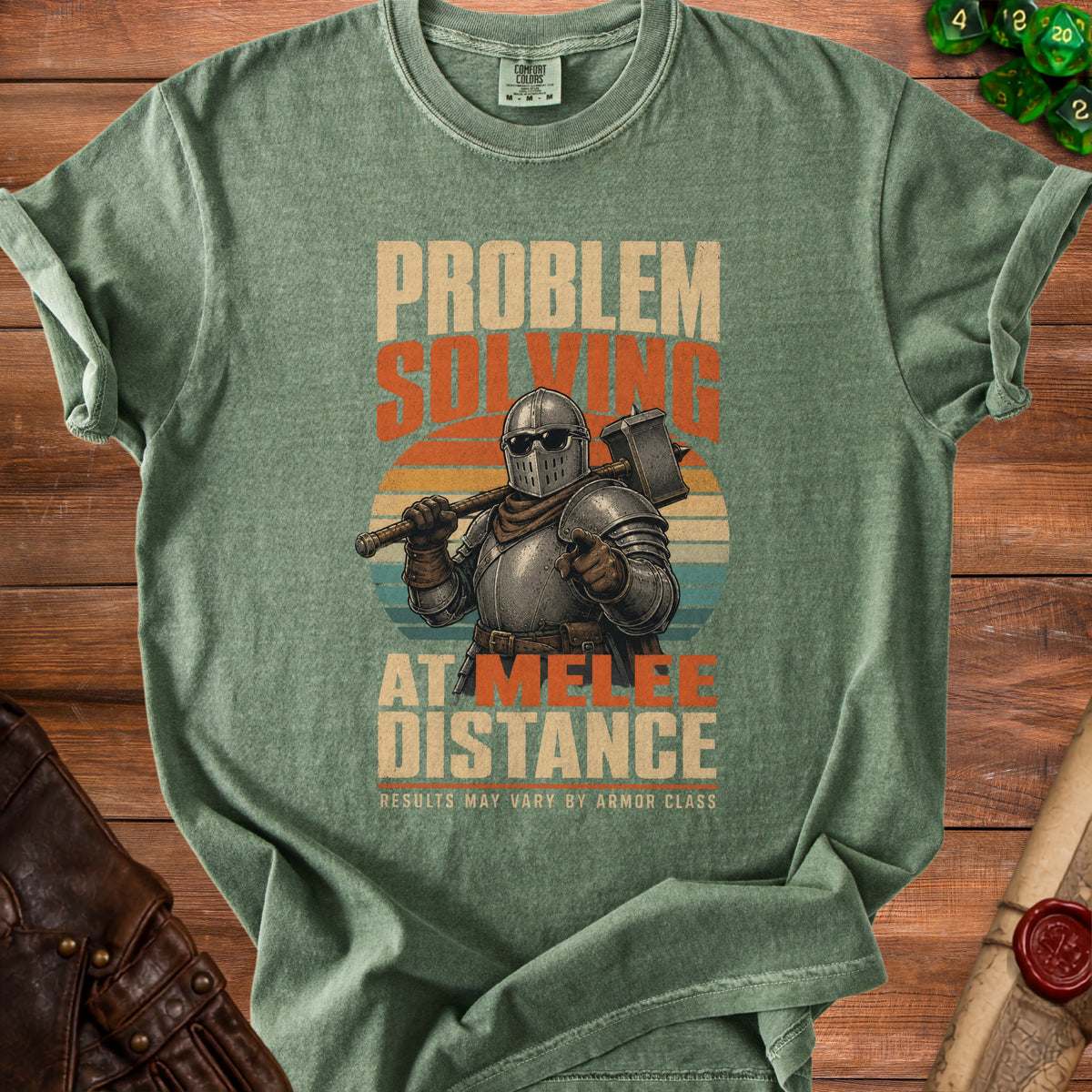 Green t-shirt with knight graphic and text "Problem Solving At Melee Distance".