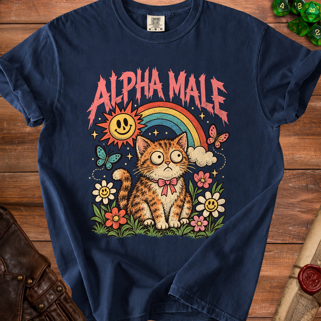 Navy blue t-shirt with cartoon cat, rainbow, sun, flowers, butterflies, and text "ALPHA MALE".