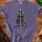 Purple t-shirt with illustration of armored knight and text "THIS IS FINE, PROBABLY".