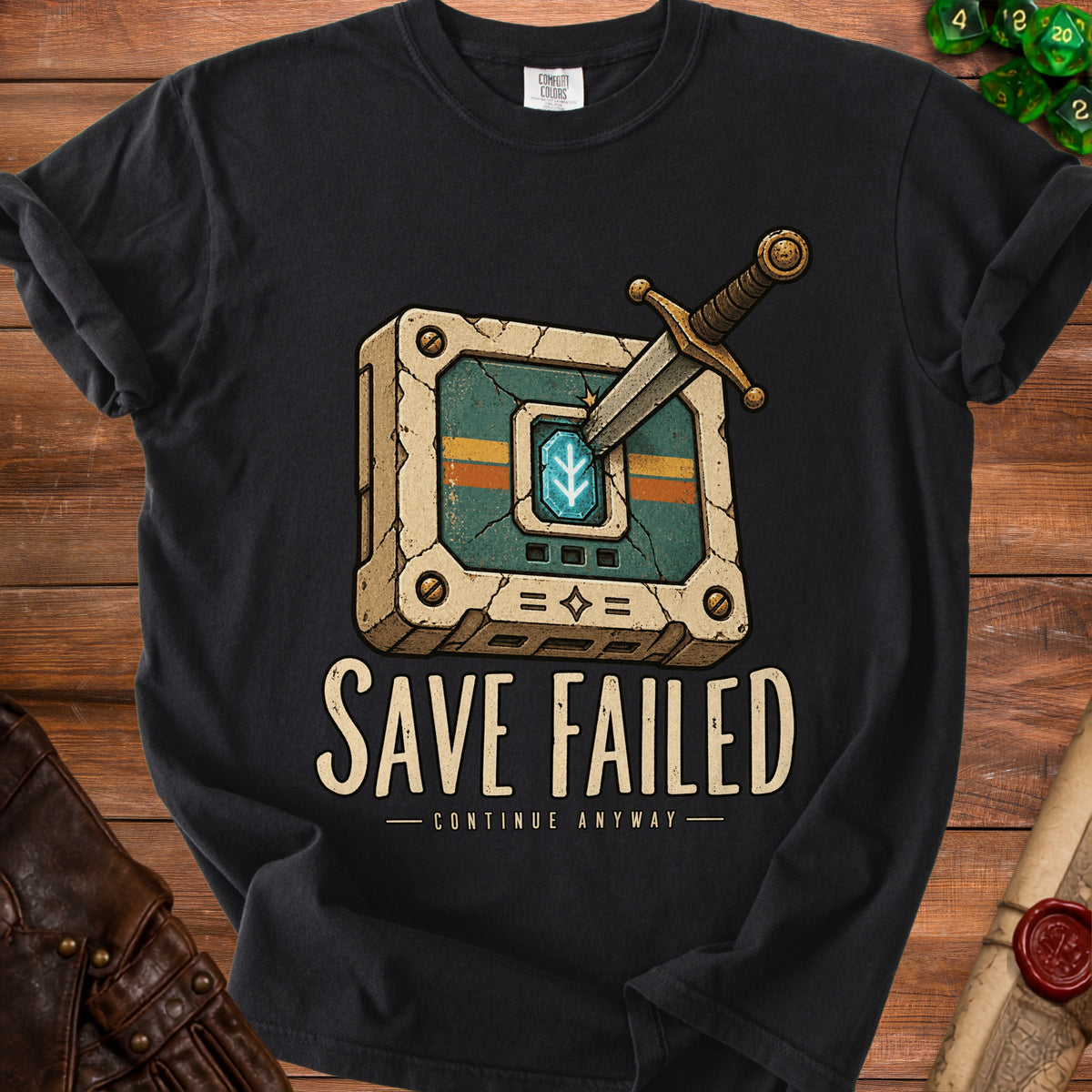 Black t-shirt with "SAVE FAILED CONTINUE ANYWAY" text and sword graphic.