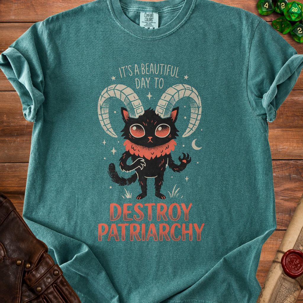 Black cat with ram horns graphic on a teal t-shirt that says "DESTROY PATRIARCHY".