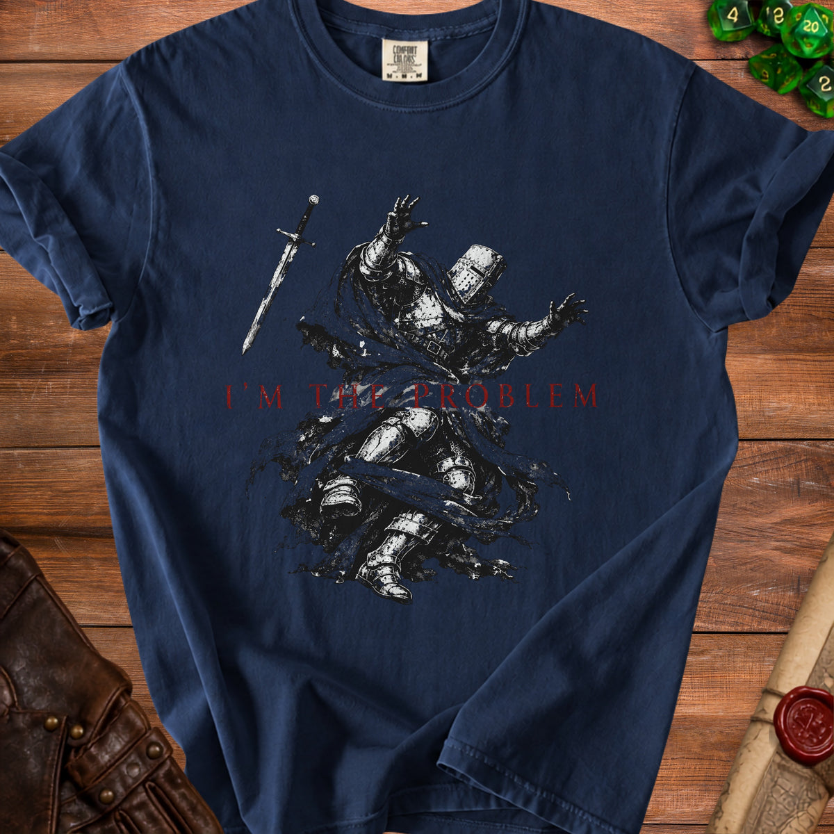Navy t-shirt with knight graphic and "I'M THE PROBLEM" text.