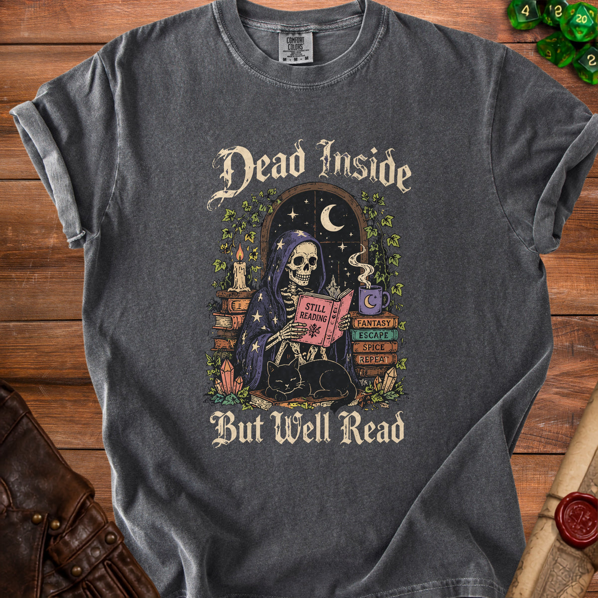 Dark gray t-shirt with "Dead Inside But Well Read" graphic featuring a skeleton reading.