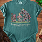 A knight in armor waters a mushroom while a cloaked figure watches. Text says "I support your side quests. Even the weird ones."