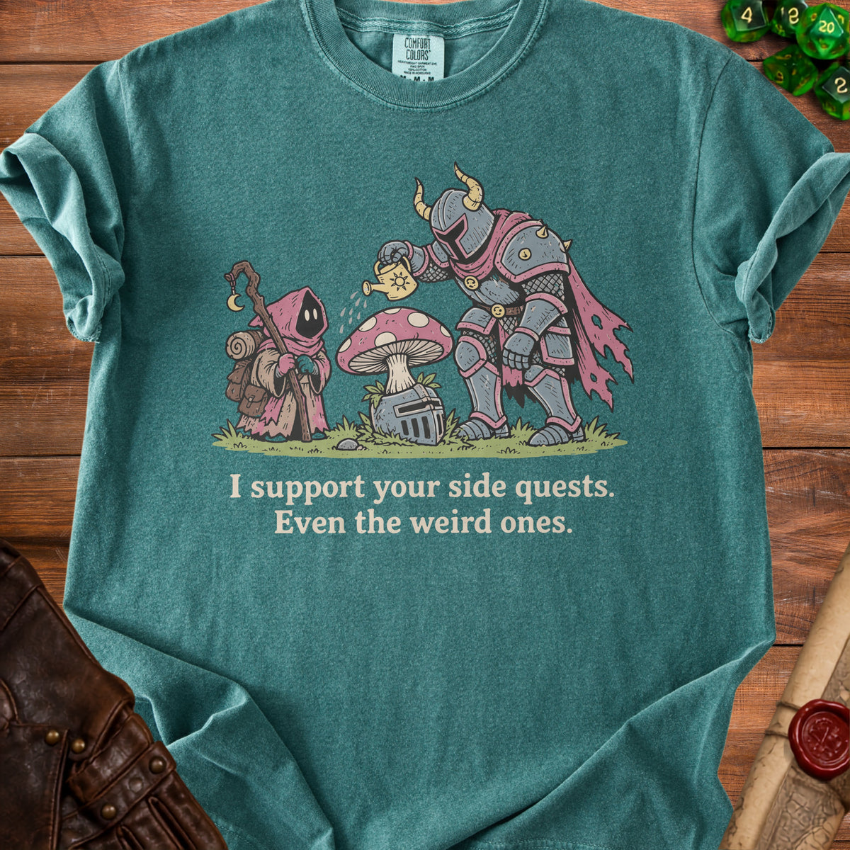 A knight in armor waters a mushroom while a cloaked figure watches. Text says "I support your side quests. Even the weird ones."
