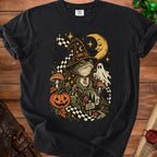 Black t-shirt with Halloween toad in witch hat, pumpkin, ghost, and side quest sign.