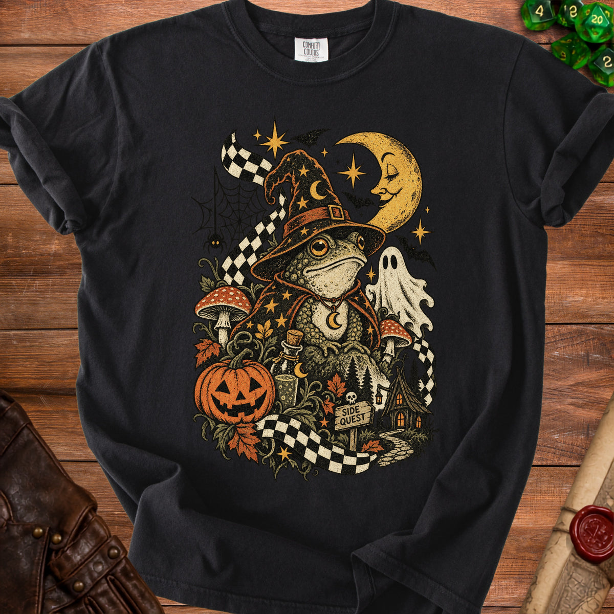 Black t-shirt with Halloween toad in witch hat, pumpkin, ghost, and side quest sign.