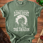 Green t-shirt with "LONG REST do not disturb THE DRAGON" text and dragon graphic.