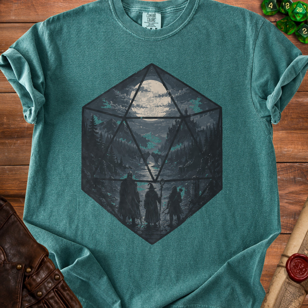 Teal t-shirt with D20 dice graphic featuring adventurers, moonlit forest, and castle.