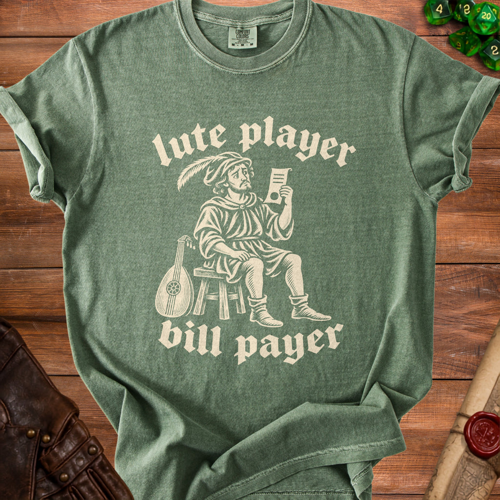 Green t-shirt with a lute player reading a document, text says "lute player bill payer".
