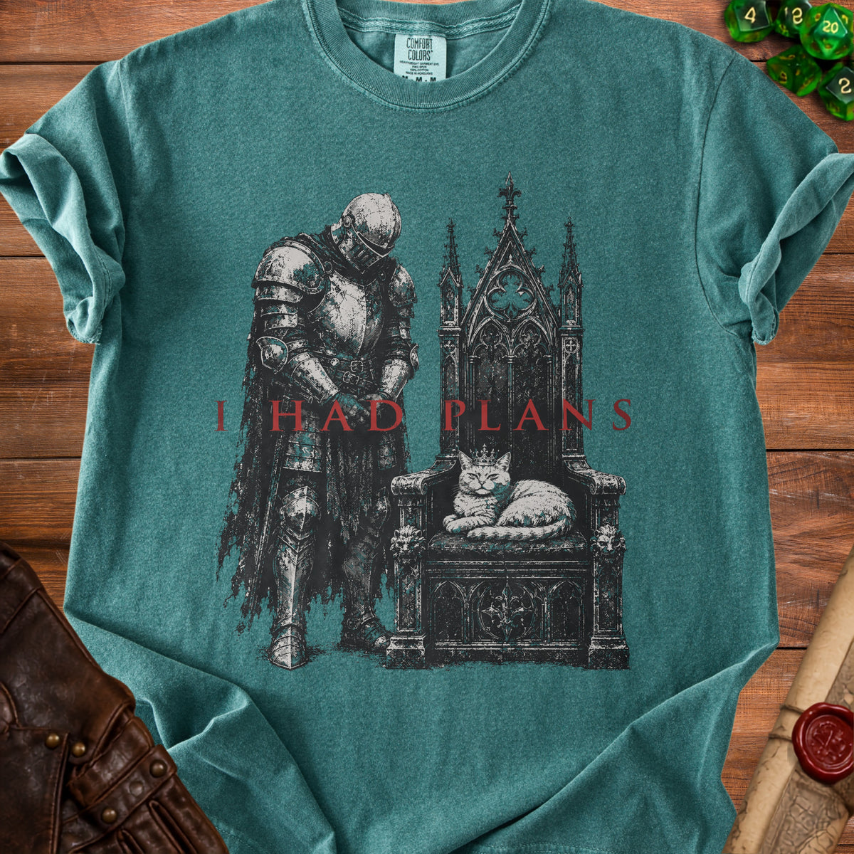Knight stands beside a throne where a crowned cat sits, text reads "I HAD PLANS."