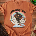 Orange t-shirt with witch riding a goose under a rainbow, text says "professionally trained at making worse decisions".