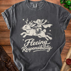 Dark t-shirt with white graphic of a goblin riding a rabbit and text "Fleeing Responsibility".