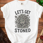 White t-shirt with a distressed graphic of Medusa and the text "LET'S GET STONED."
