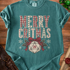 Teal t-shirt with "Merry Critmas" text, a D20 dice, and festive holly decorations.
