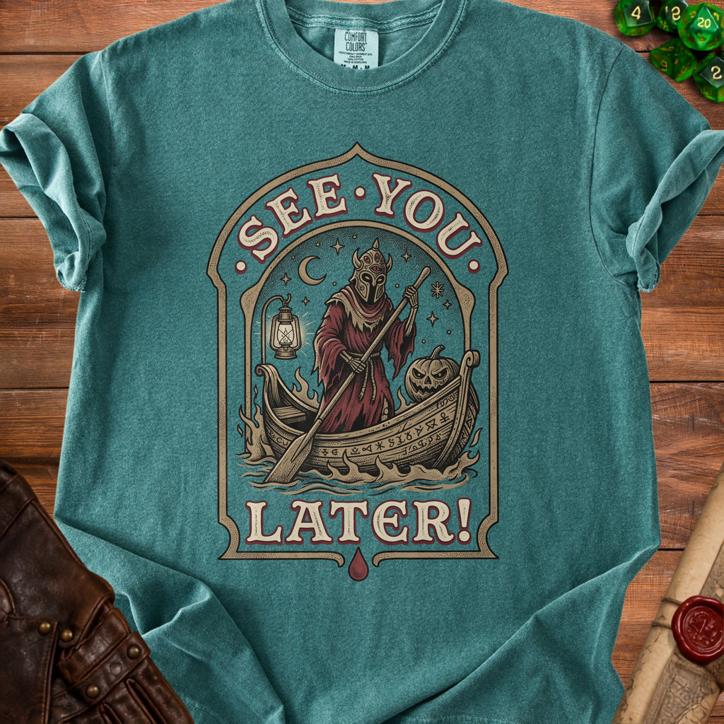 Grim reaper in a boat with pumpkin and lantern, text "See You Later".