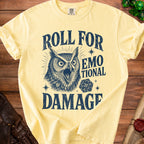 Yellow t-shirt with distressed graphic of an owl and "Roll for Emotional Damage" text.