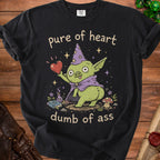 Black t-shirt with a green wizard goblin holding a heart and text "pure of heart dumb of ass".