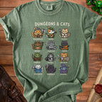 Green t-shirt with "Dungeons & Cats" and cartoon cats in fantasy roles.