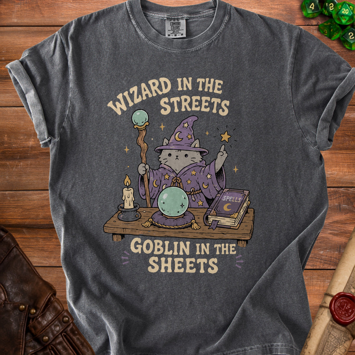 Gray t-shirt with cat wizard art and text "Wizard in the streets, goblin in the sheets."