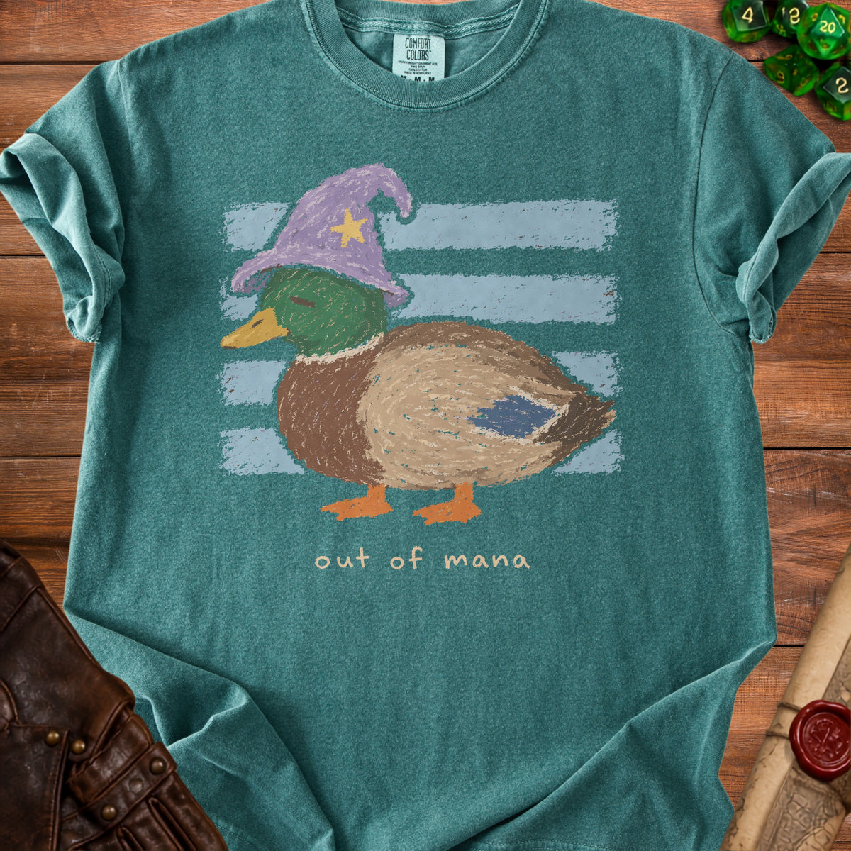 Mallard duck wearing a wizard hat with text "out of mana" below.