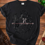 Black t-shirt with distressed angel graphic and text "FINE. FLOURISHING. FALLING APART."