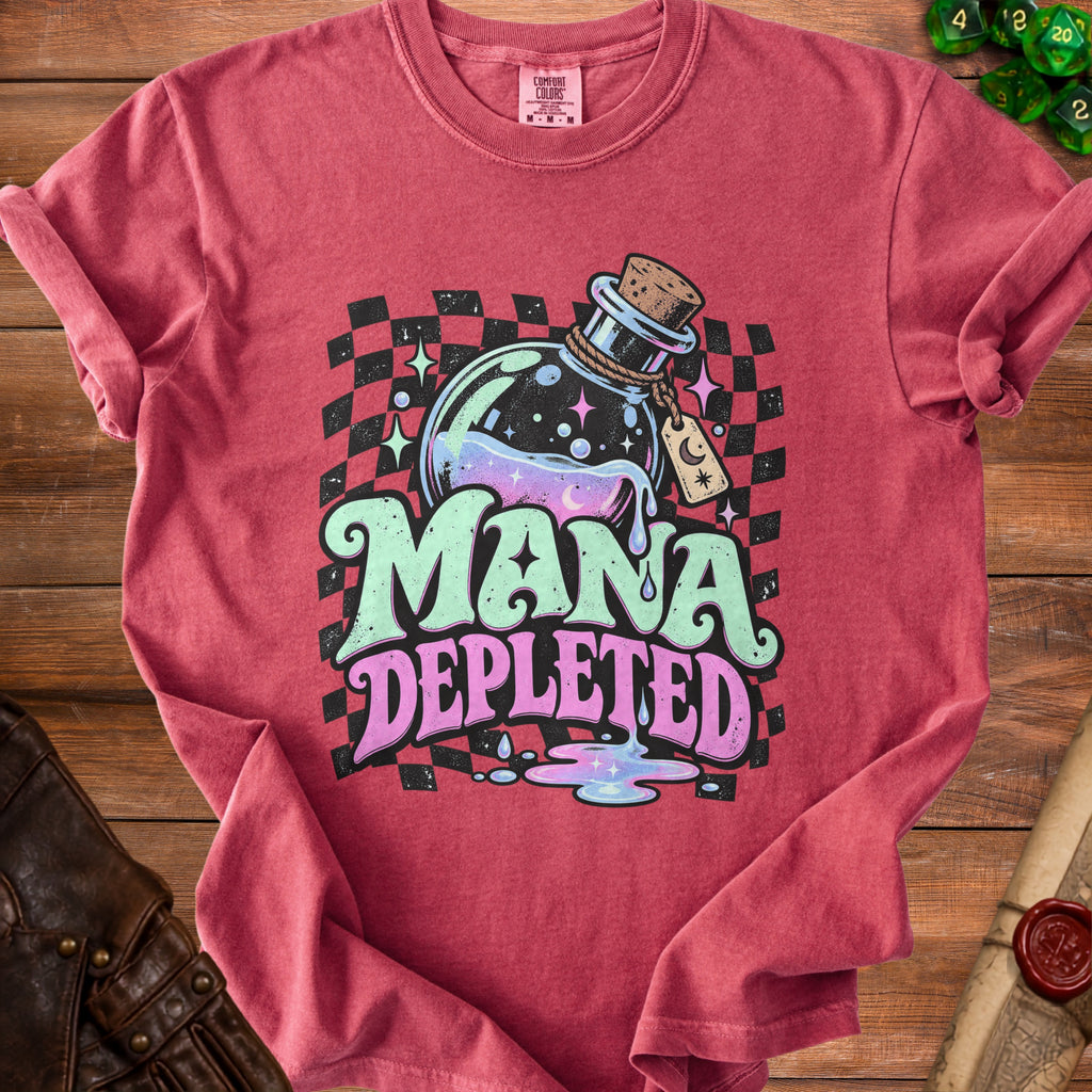 T-shirt with "Mana Depleted" text over a potion bottle and checkered background.