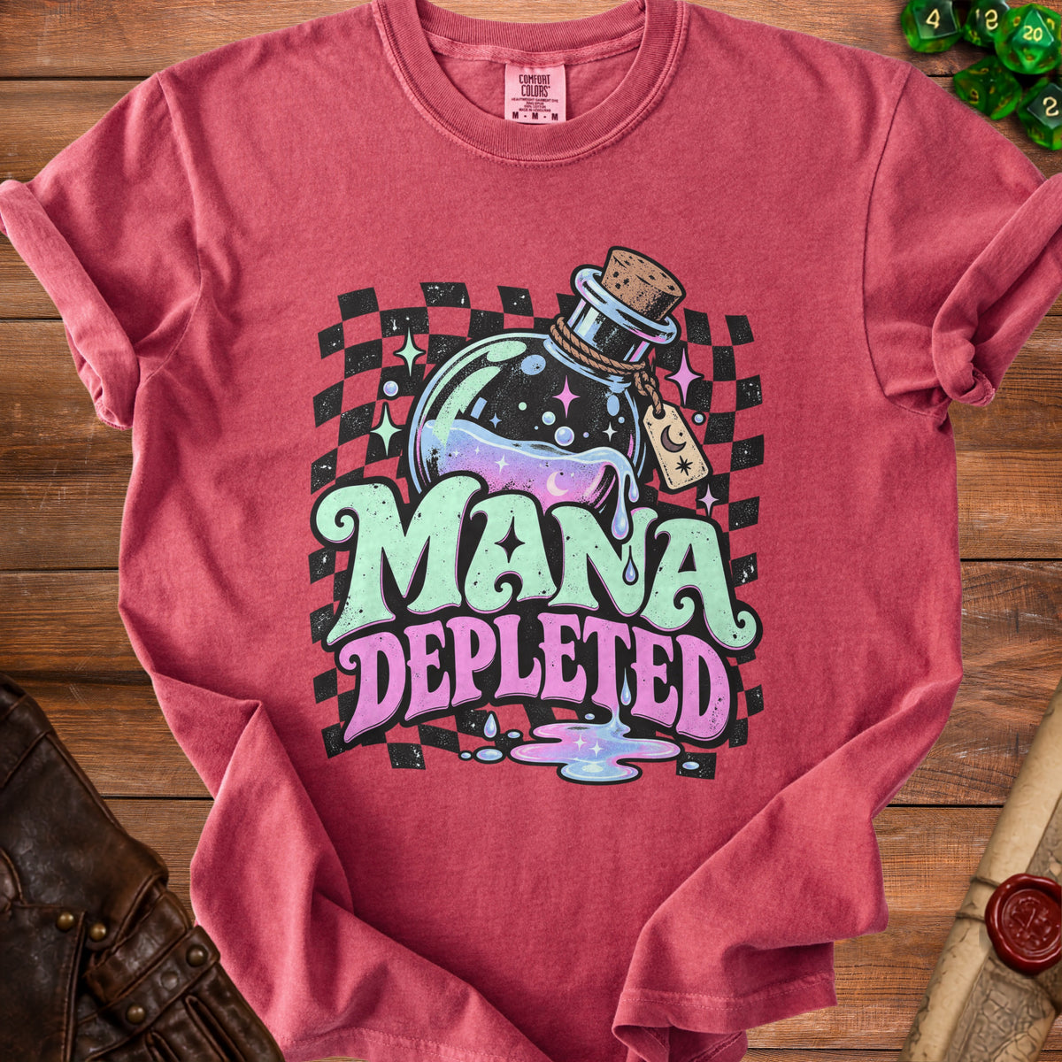 T-shirt with "Mana Depleted" text over a potion bottle and checkered background.
