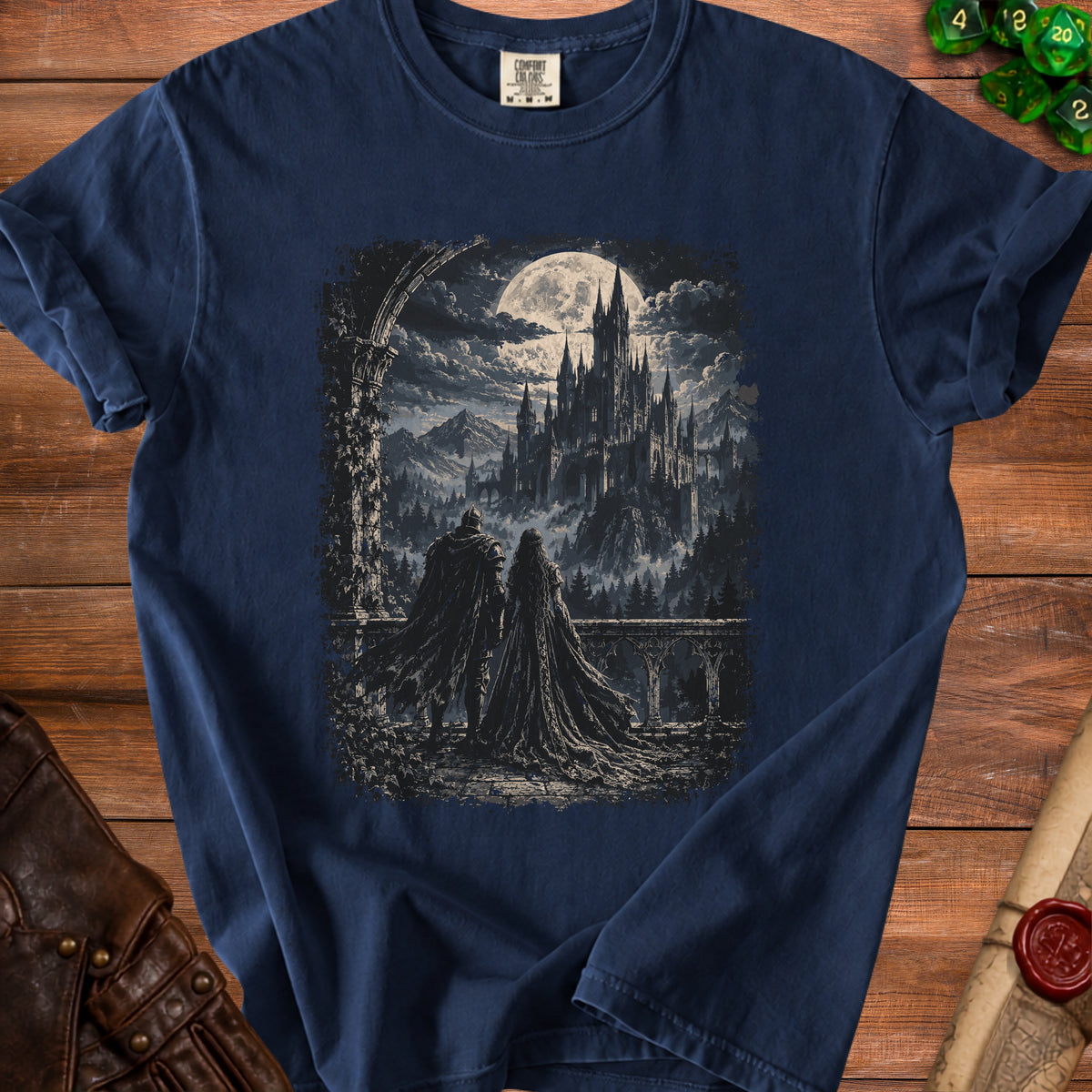 Dark blue t-shirt with a gothic castle and moon graphic featuring two cloaked figures.