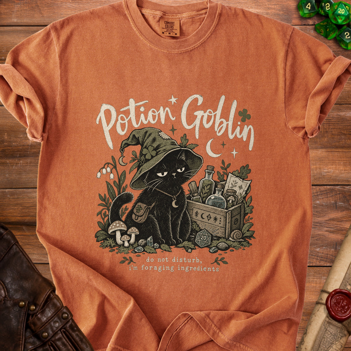 Black cat in witch hat with "Potion Goblin" text, gathering potion ingredients.