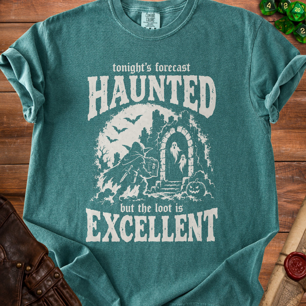 Green t-shirt with white text and graphic: "tonight's forecast HAUNTED but the loot is EXCELLENT."