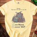 Yellow t-shirt with a skeleton wizard and text "Resting... My mana is low and so is my will. Low Mana Lower Will".