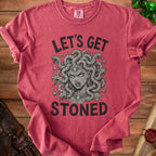 Red t-shirt with graphic of Medusa and text "Let's Get Stoned".